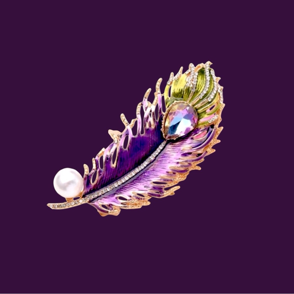 Feather Purple, Green, Gold, Crystal, Faux Pearl & Enamel Brooch